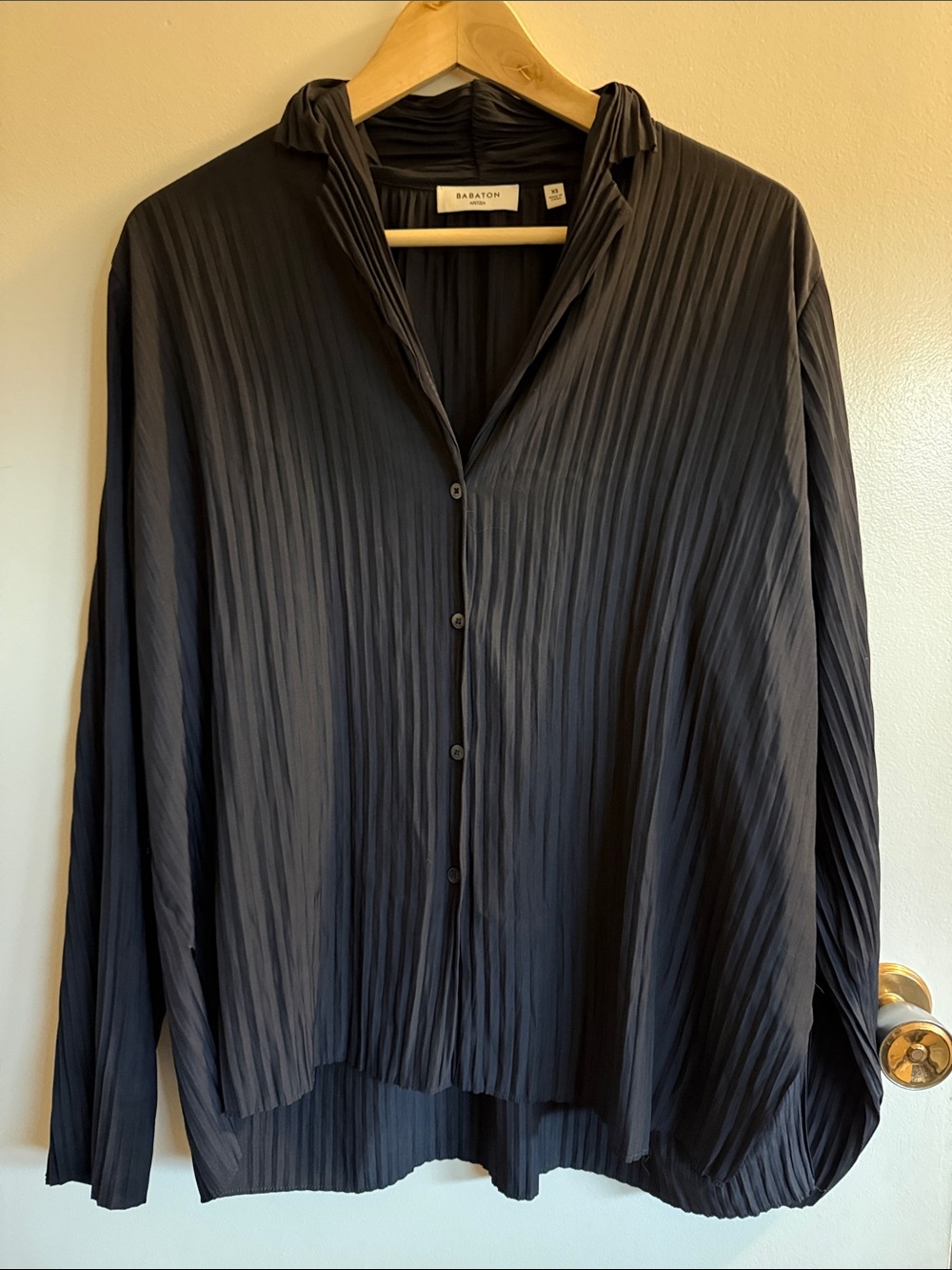 Babaton Navy Blue Pleated Button-Front Shirt